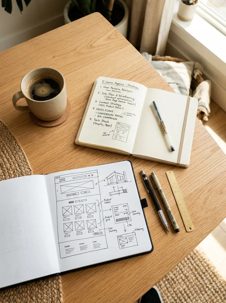 Skitser af webshop-sider i en notesbog på et skrivebord
